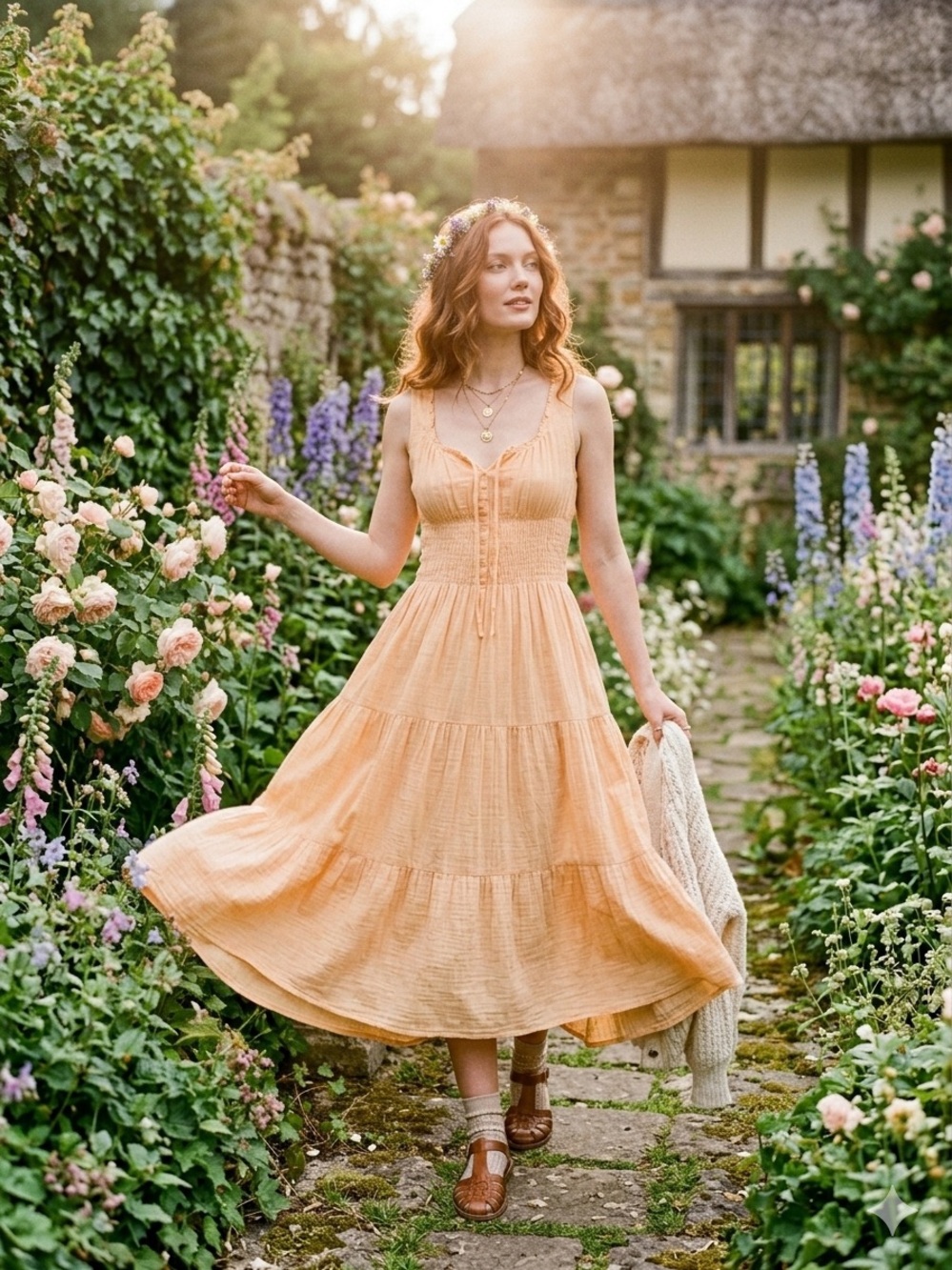 Mlle Gabrielle Peach Tiered Midi Dress - Sleeveless Summer Dress